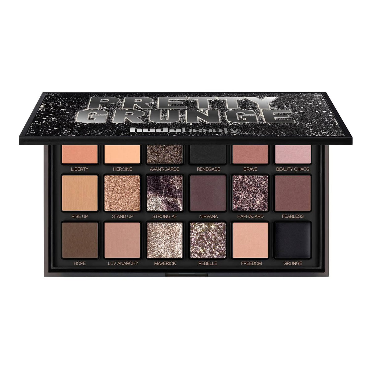 Makeup palette with 'Pretty Grunge' design on a white background