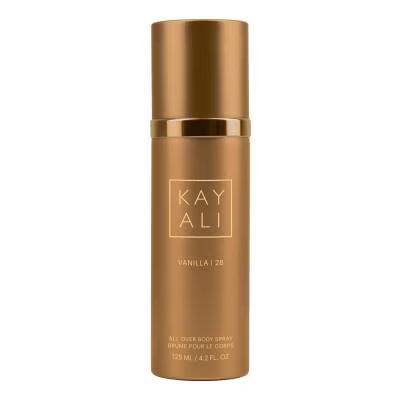 A Kayali Vanilla 28 body spray bottle in a metallic gold finish, shown against a plain white background.