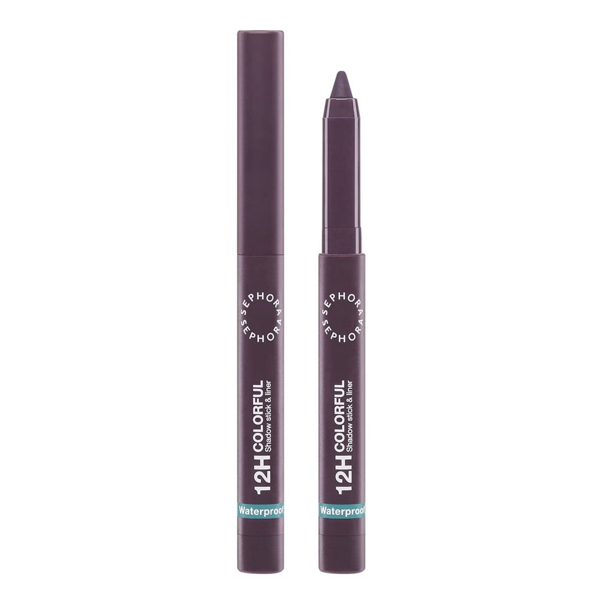 A dark plum purple cosmetic pencil shown both closed and open, featuring white text that reads '12H COLORFUL Waterproof' and 'Shadows & Nibs'.
