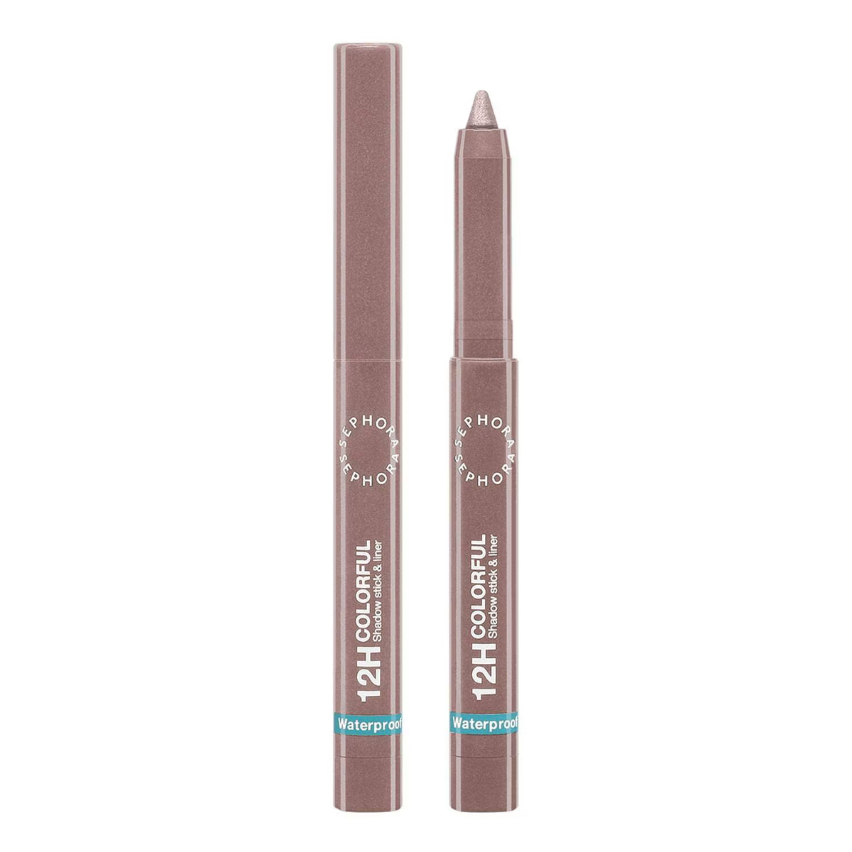 Two brown 12H Colorful Waterproof eye shadow pencils standing upright on a plain white background.