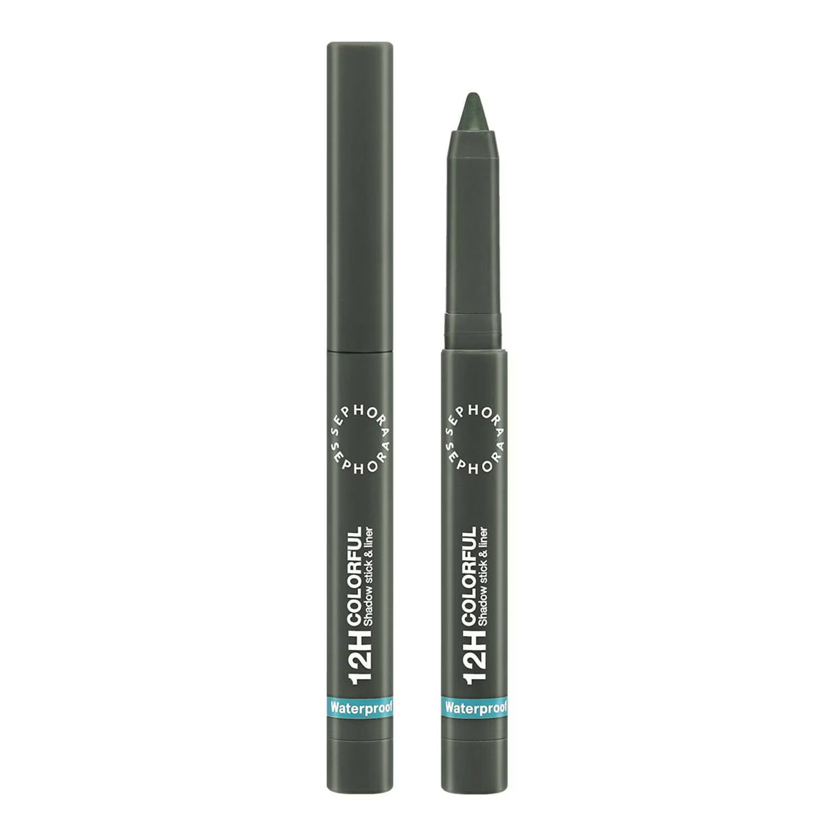 Two dark gray cosmetic pencils standing upright on a white background, labeled '12H COLORFUL Shadow Pencil' with 'Waterproof' in a light blue band near the bottom.