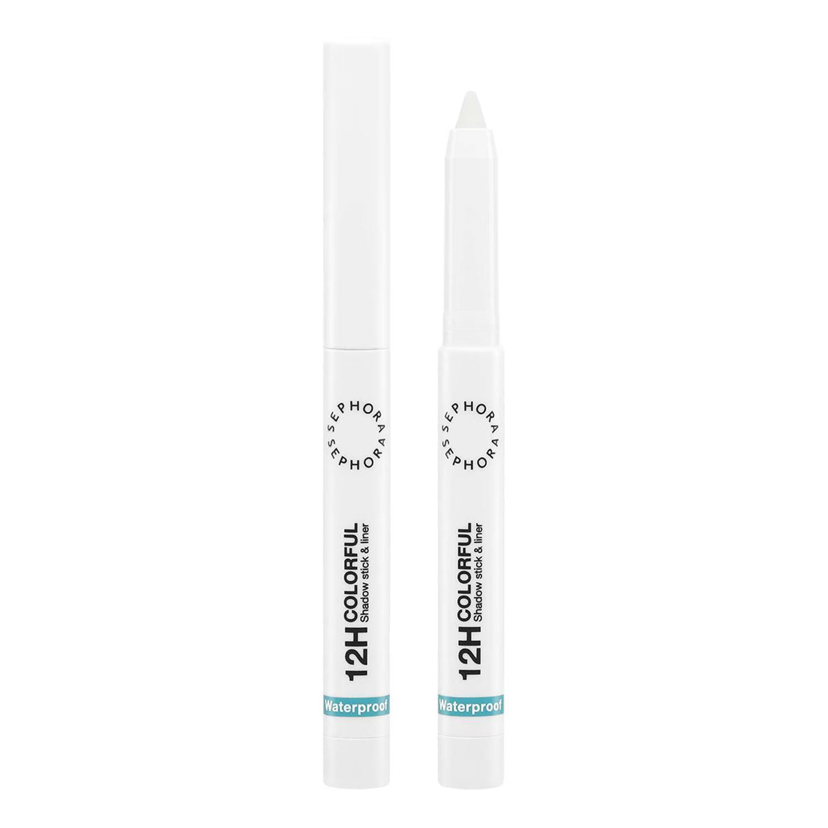 Two white cosmetic pencils with '12H Colorful' branding on a white background