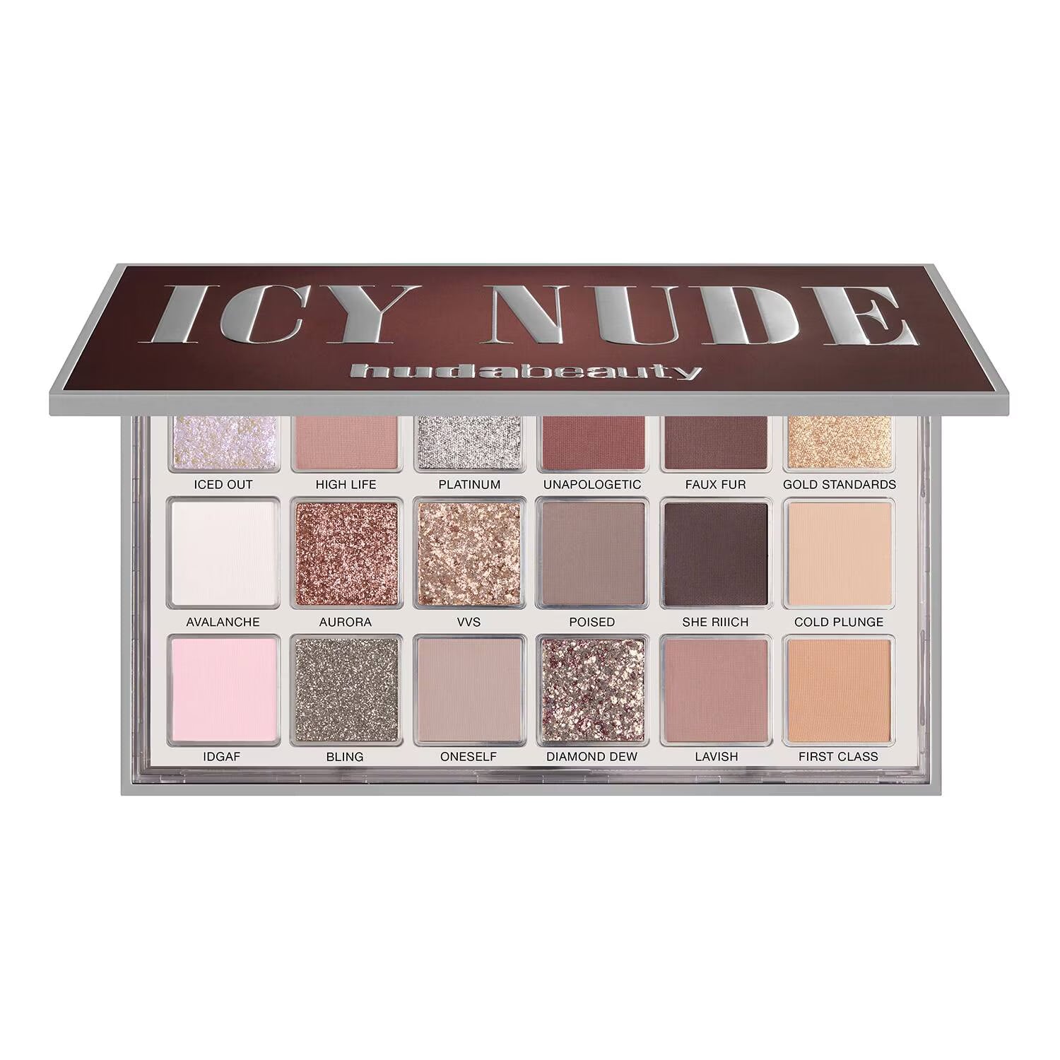 Makeup palette labeled 'ICY NUDE' by Huda Beauty on a white background