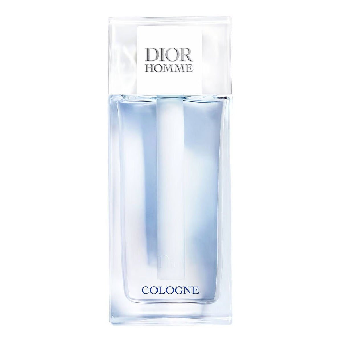 Dior Homme Cologne fragrance bottle, featuring a clear rectangular glass container with a white cap and label, showcasing a light blue liquid inside, set against a plain white background.