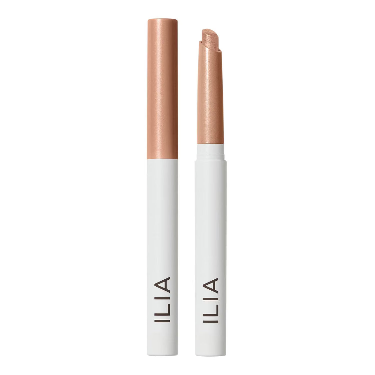 Two ILIA lip color pencils standing upright on a white background, one closed and one open to show the tip.
