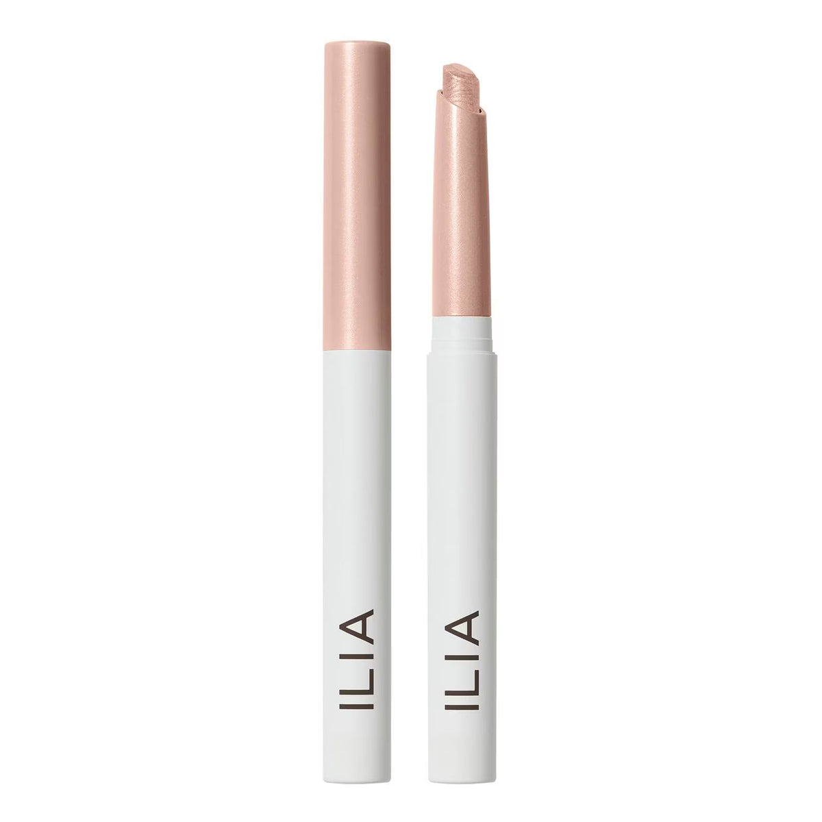 Two ILIA lip gloss tubes standing upright on a white background, one closed and one open to show the glossy nude-pink lip color.