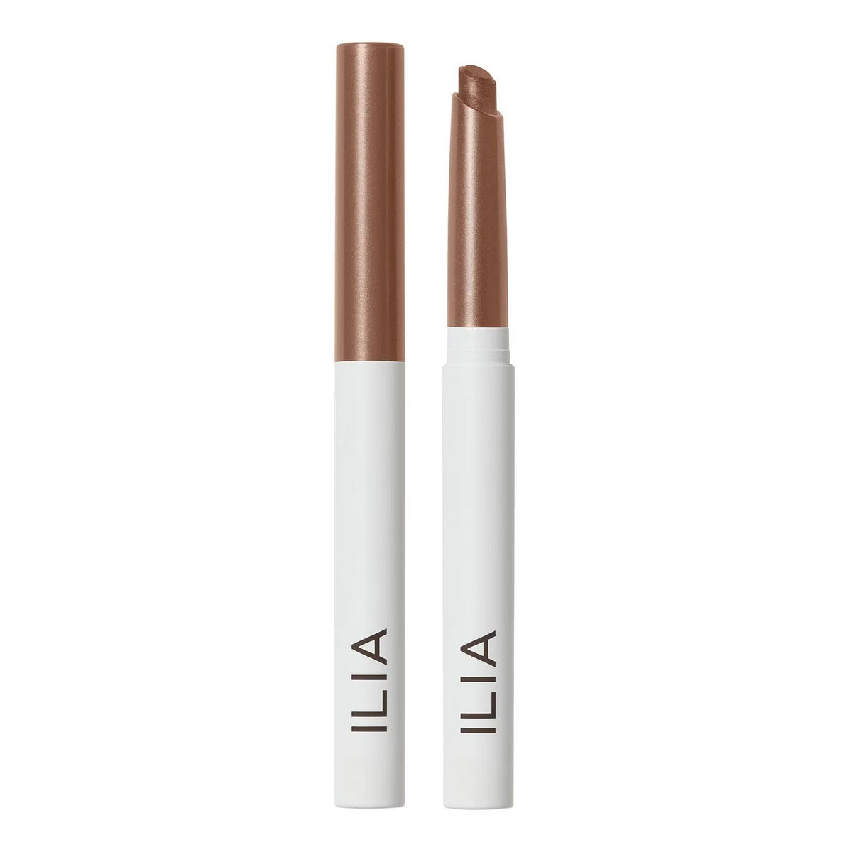 Two ILIA lip gloss tubes standing upright on a white background, one closed and one open to show the bullet tip. The tubes are white with a metallic warm brown gloss color on the caps and upper section.