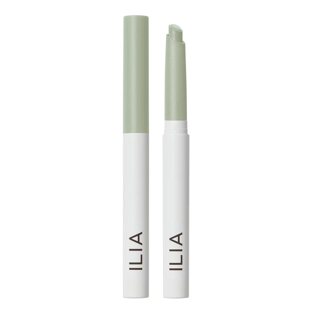 Two ILIA lip balm tubes standing upright on a white background, one closed and one open showing the balm tip.