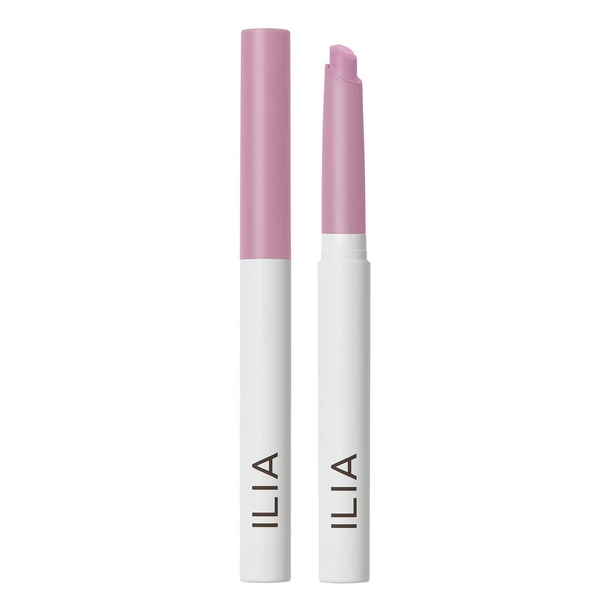 Two ILIA lip balm tubes standing upright on a white background, one closed and one open showing the balm stick.