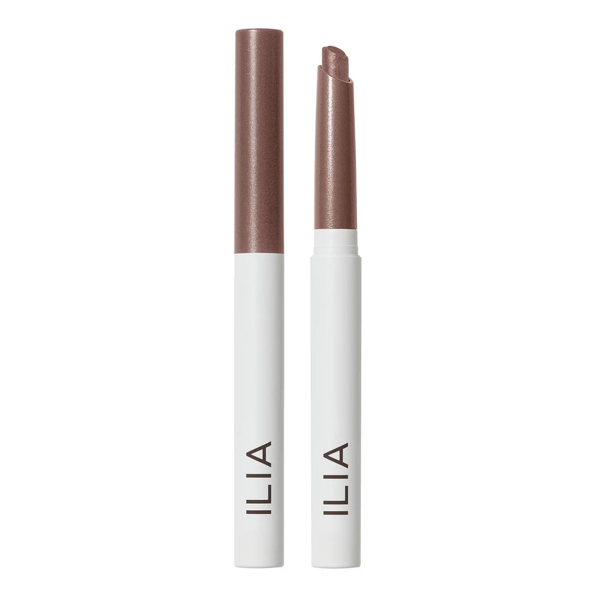 Two ILIA lip gloss tubes standing upright on a white background, one closed and one open to show the glossy nude-brown lip color.
