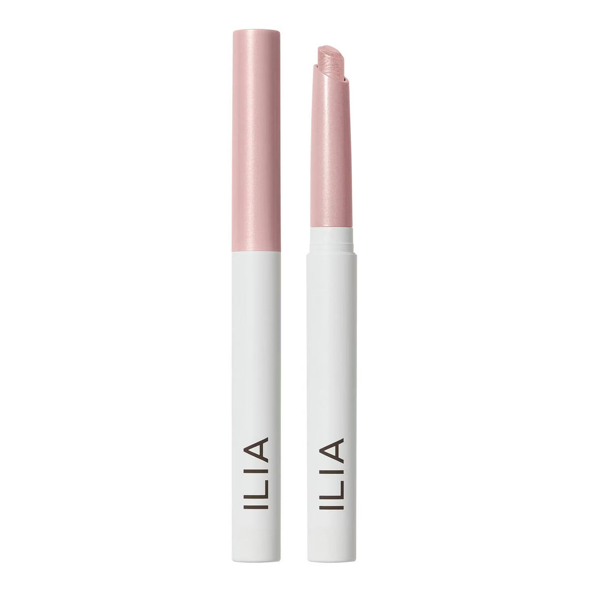 Two ILIA lip gloss tubes standing upright on a white background, one closed and one open to show the glossy pink lip color.