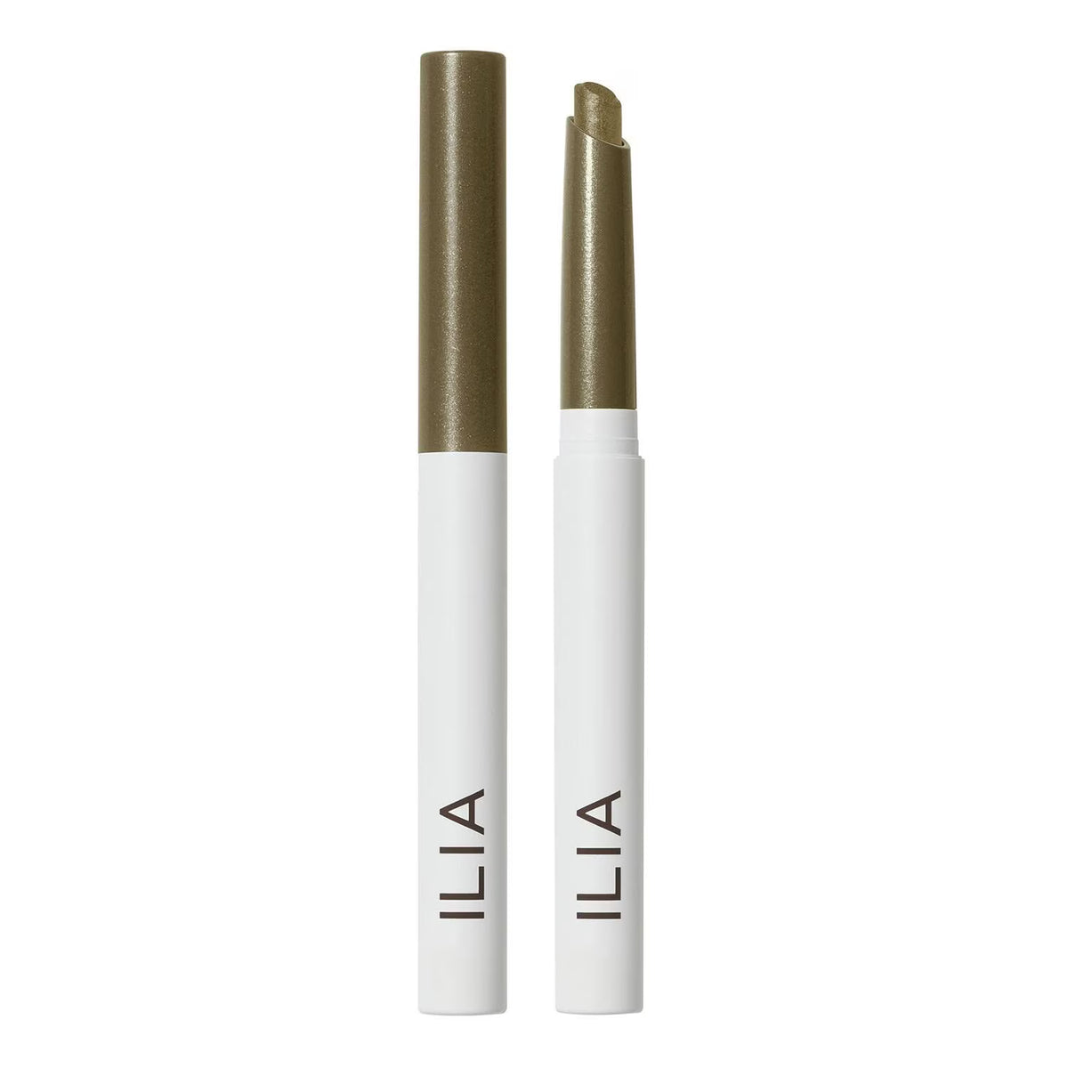 Two ILIA lip gloss tubes standing upright on a white background, one closed and one open to show the glossy bullet tip.
