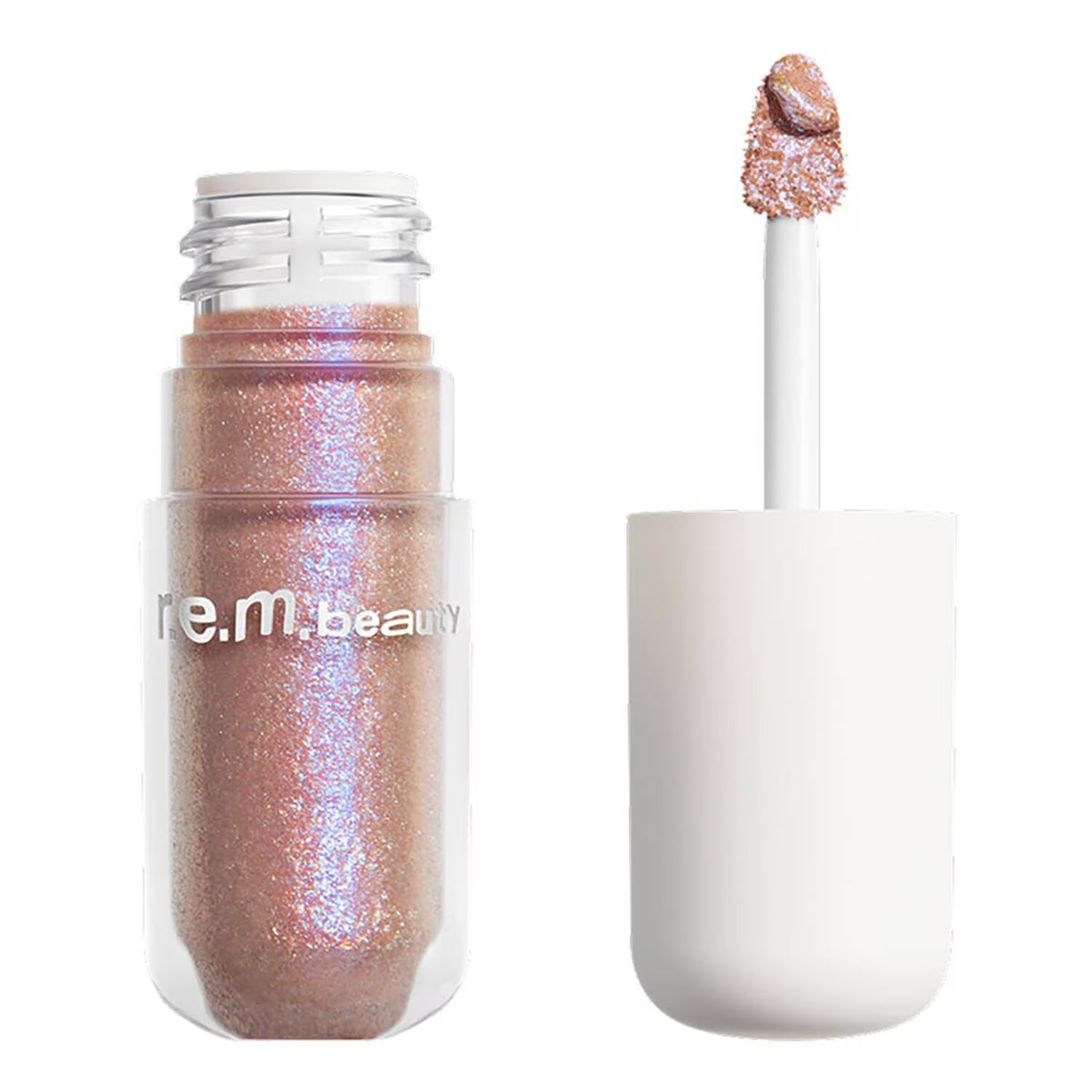 Mascara with glittery brown color and white handle on a white background