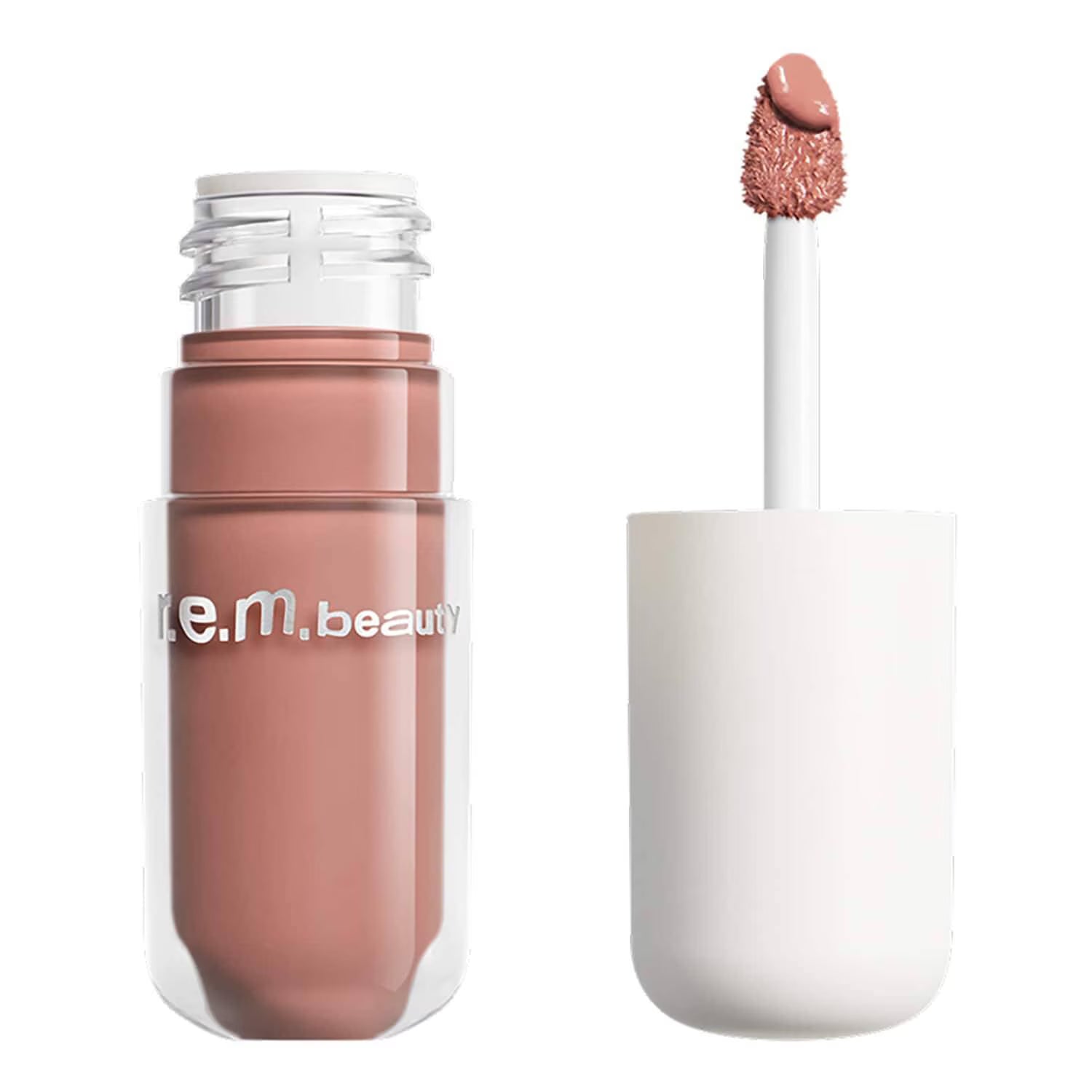 A clear cosmetic bottle filled with a dusty rose pink liquid, shown next to its white applicator wand coated with the same product. The bottle has a clear cap and the brand name 're. 
