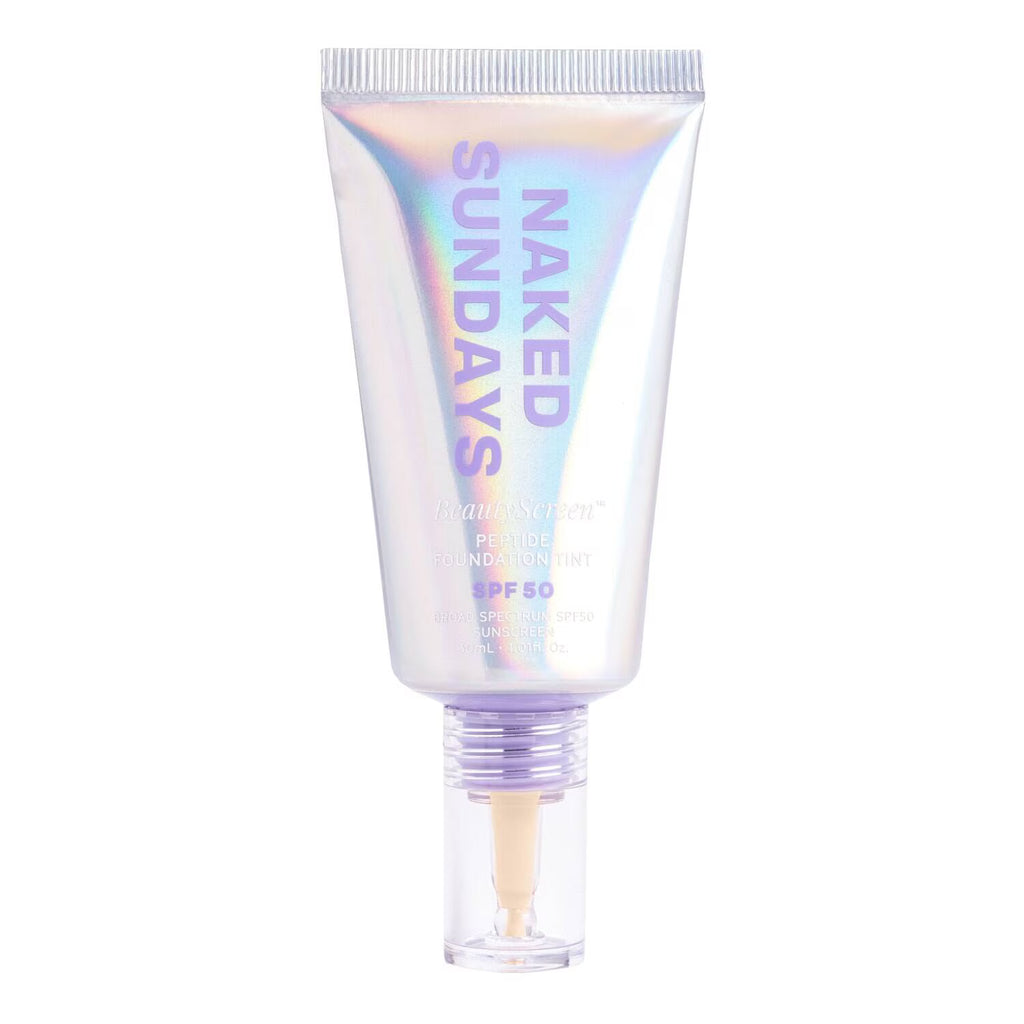 A squeeze tube of Naked Sundays Face Primer with an iridescent holographic finish and a clear cap, shown on a solid white background. 