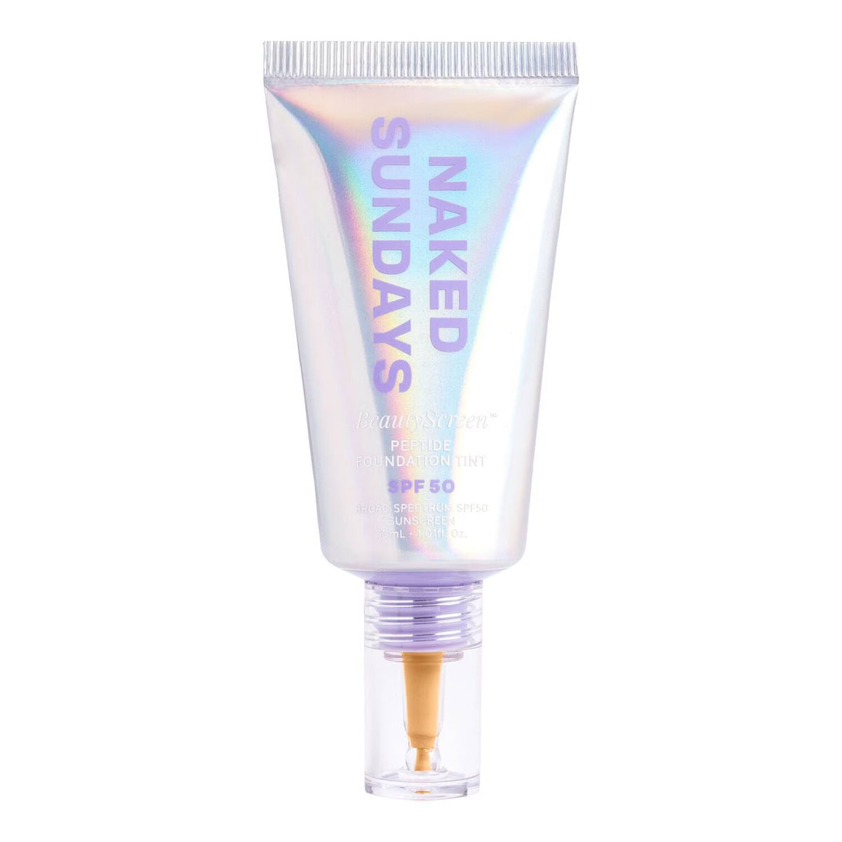 An iridescent holographic squeeze tube of Naked Sundays UV Protecting Sunscreen SPF 50, featuring a clear cap with a gold-colored internal pump, set against a plain white background.