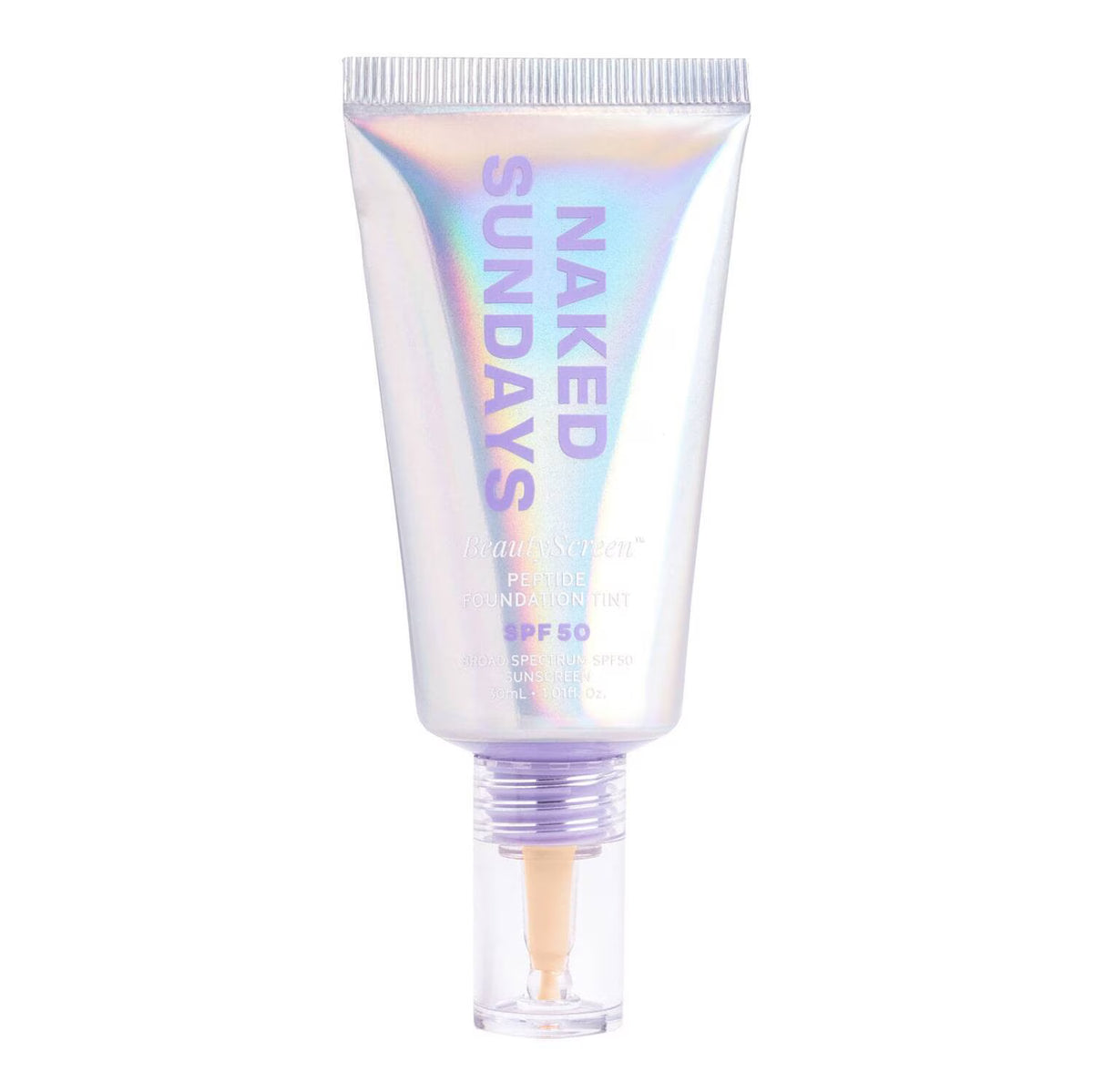 A squeeze tube of Naked Sundays Liquid Sunscreen SPF 50 on a solid white background. The tube has an iridescent, holographic finish that shifts between silver, purple, and blue, with the brand name 'NAKED SUNDAYS' printed vertically in purple. 