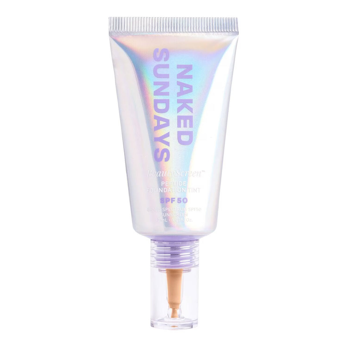An iridescent holographic squeeze tube of Naked Sundays Human Sculpt Prime & Contour Foundation Mist SPF 50, featuring a clear cap with a beige spray nozzle, on a solid white background.