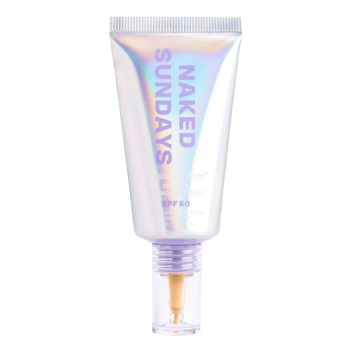 A squeeze tube of Naked Sundays Primer Hydrating SPF 50 on a solid white background. The tube has an iridescent, holographic finish with purple text and a clear cap showing the liquid inside.