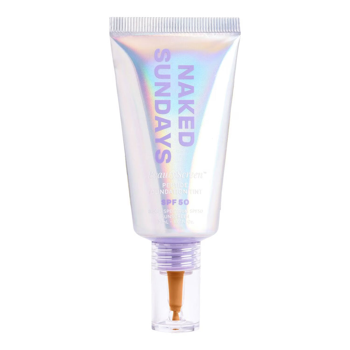 A squeeze tube of Naked Sundays Illuminating Primer SPF 30, featuring an iridescent holographic finish with purple lettering and a clear cap showing the primer inside. 