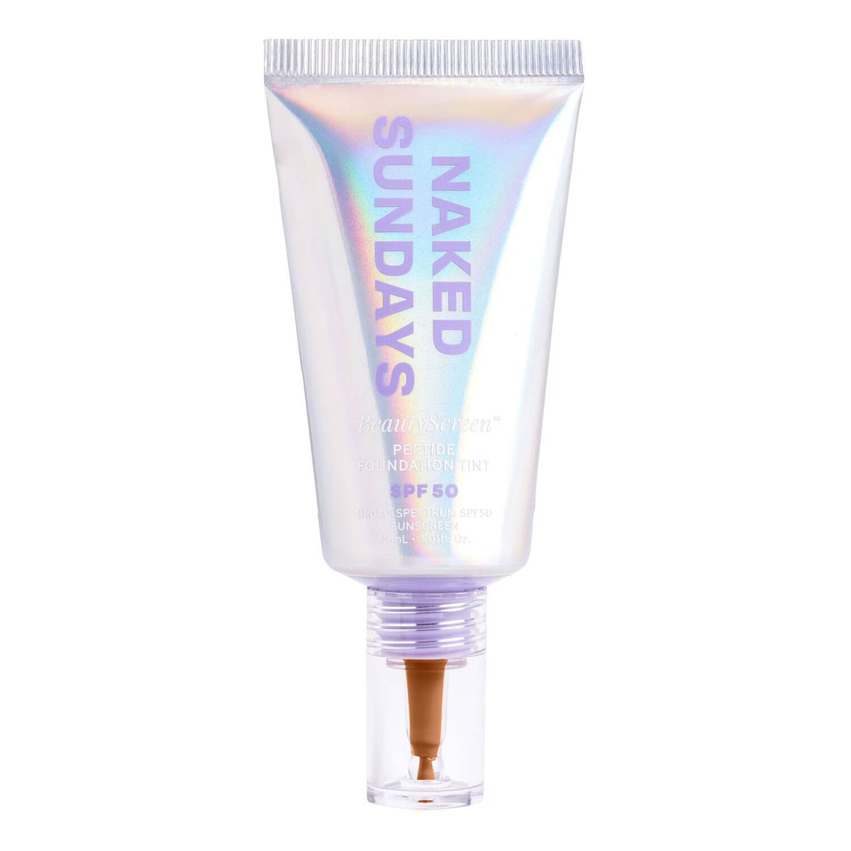 A squeeze tube of Naked Sundays BB Cream Sunscreen SPF 50, featuring an iridescent holographic finish with purple text and a clear cap showing the cream inside, on a white background. 