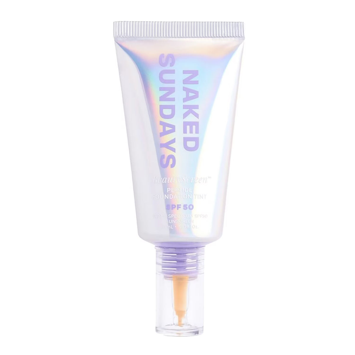 A tube of Naked Sundays Mineral Mist SPF 50 liquid foundation with an iridescent holographic finish and a clear cap showing the beige liquid inside, set against a plain white background.