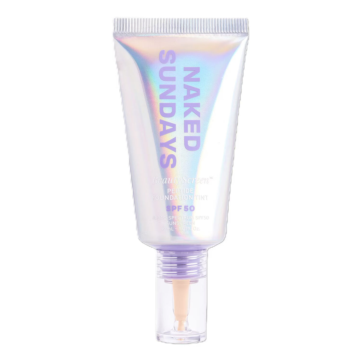 A squeeze tube of Naked Sundays Peony Perfume Foundation with a clear cap, featuring an iridescent holographic finish with purple text, on a white background.