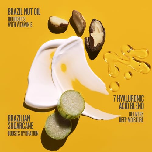 Product advertisement with Brazil nut oil, hyaluronic acid blend, and sugarcane on a yellow background.