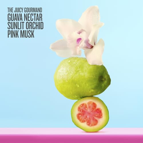 Guava and orchid on a blue background with text 'The Juicy Gourmand Guava Nectar Sunlit Orchid Pink Musk'.