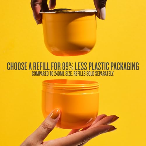 Orange refills being held against a yellow background with text about refill options.