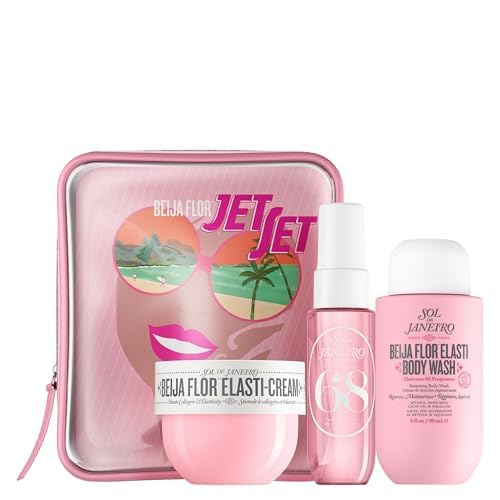 Pink cosmetic set with 'Belja Flor' products including a cream, body wash, and a case with sunglasses design.