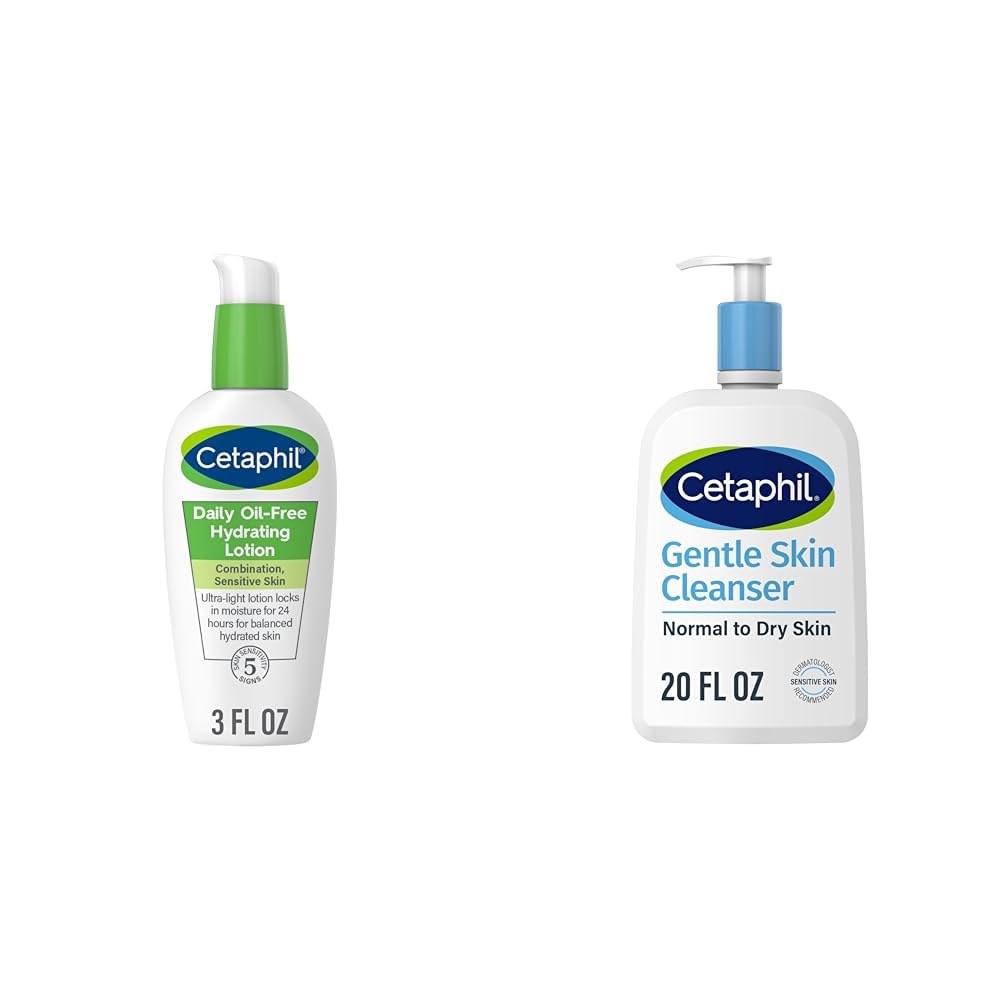 Two Cetaphil skincare bottles on a plain white background: a 3 fl oz Daily Oil-Free Hydrating Lotion bottle with a green pump and a 20 fl oz Gentle Skin Cleanser bottle with a blue pump.