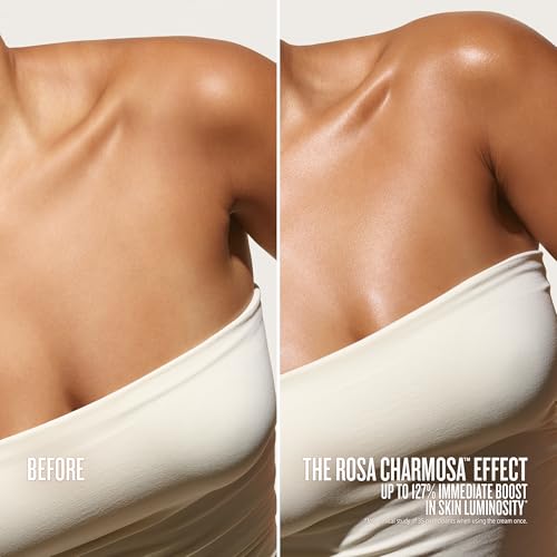 Before and after comparison of a woman's shoulder and arm with text about skin luminosity improvement.