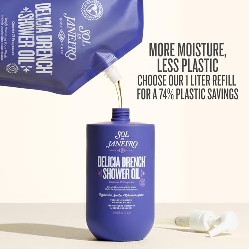 Blue bottle of Delicia Drench Shower Oil being refilled with a text about plastic savings.