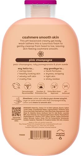 Back view of a bottle labeled 'cashmere smooth skin' with product details and branding.