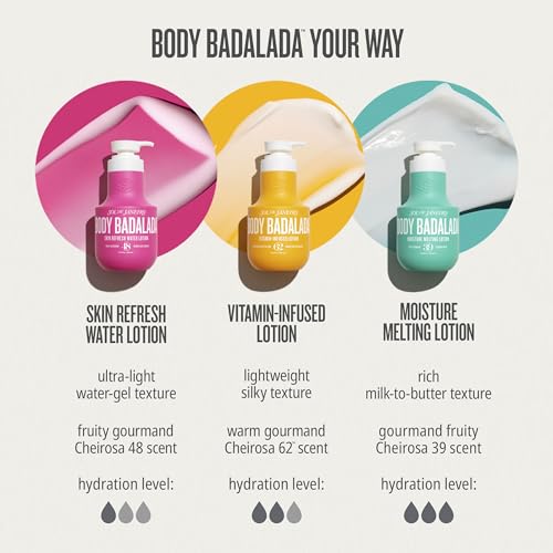 Three pump bottles of Body Badalada lotions are shown in a promotional graphic: pink Skin Refresh Water Lotion, yellow Vitamin-Infused Lotion, and mint-green Moisture Melting Lotion, with texture and scent descriptions below on a light beige background.
