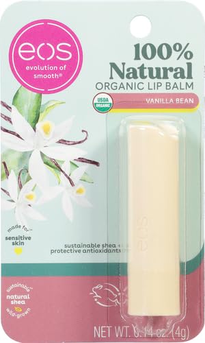 eos 100% Natural Organic Lip Balm packaging with vanilla bean flavor on a light green background