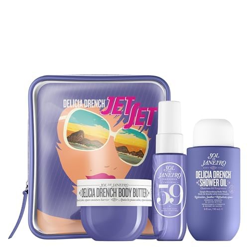 Delicia Drench Jet Set travel kit with sunglasses design on a white background