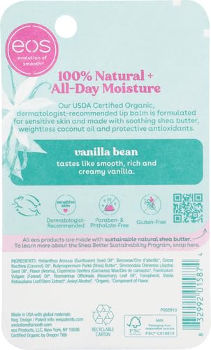 eos lip balm packaging with vanilla bean flavor description