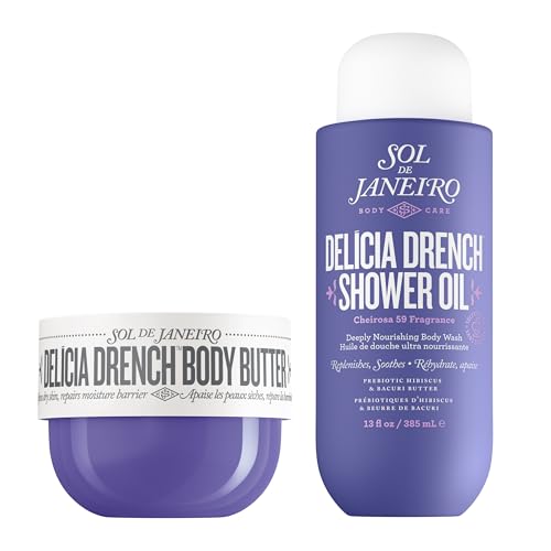 A Sol de Janeiro travel set in a clear zippered case, featuring a purple shower oil bottle, a body butter jar, and a travel-sized shower spray, on a white background.