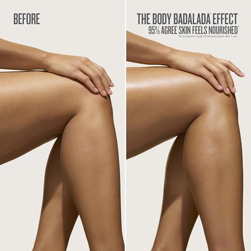 Before and after comparison of a person's legs with text about skin nourishment.