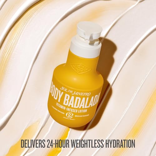 Yellow lotion bottle with white pump on a light wooden surface, featuring text about hydration.