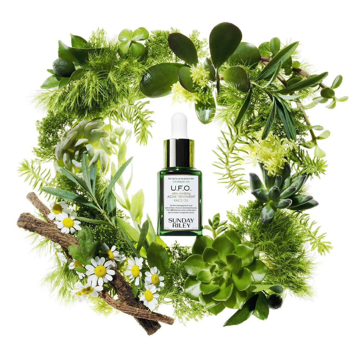 Sunday Riley U.F.O. facial oil surrounded by a green leafy wreath on a white background