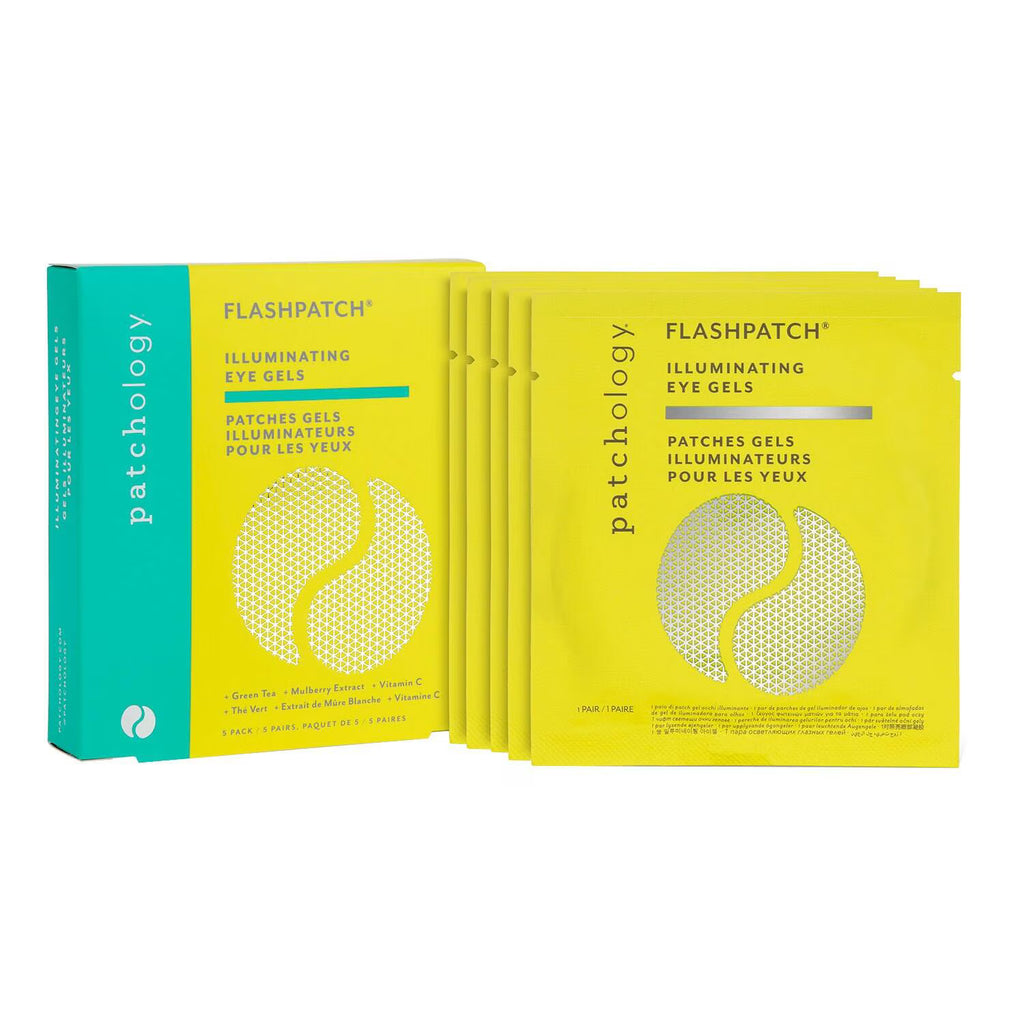 A pack of Patchology Flashpatch Illuminating Eye Gels, showing a teal and yellow outer box alongside several individual yellow sachets with silver eye-shaped graphics.