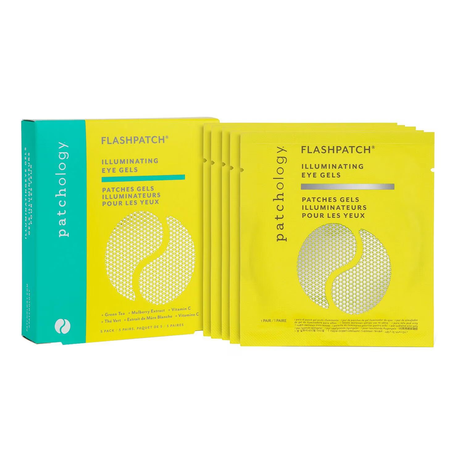 A pack of Patchology Flashpatch Illuminating Eye Gels, showing a teal and yellow outer box alongside several individual yellow sachets with silver eye-shaped graphics.