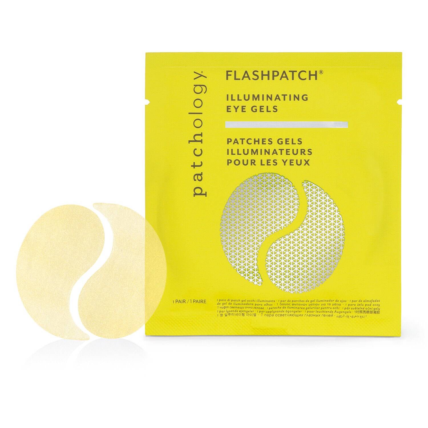 Patchology Flashpatch Illuminating Eye Gels packaging in bright yellow, shown with two pale yellow circular eye patches in front on a white background.