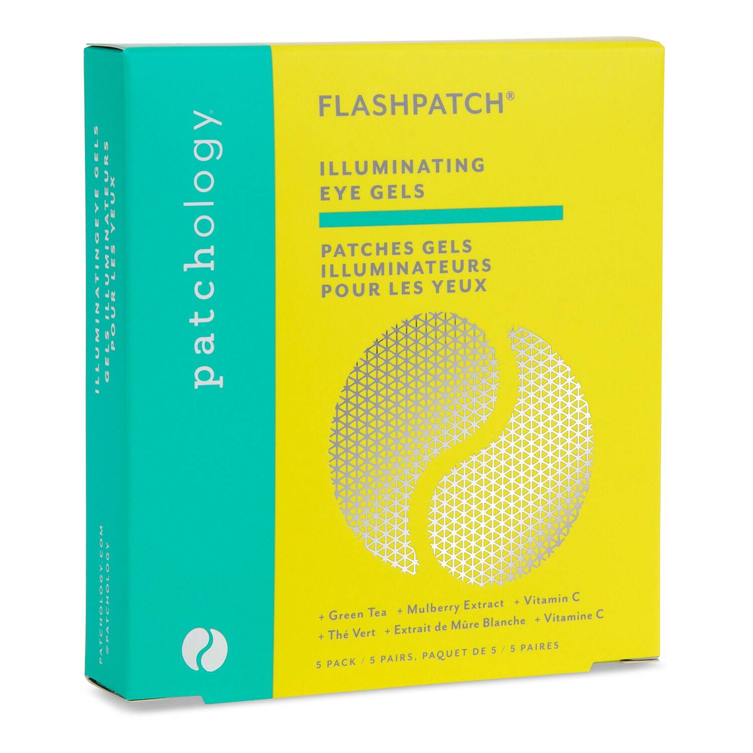 Patchology Flashpatch Illuminating Eye Gels retail box, featuring a bright yellow and teal color scheme with a silver geometric eye design on the front.