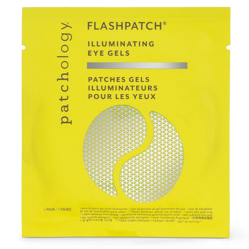 Patchology Flashpatch Illuminating Eye Gels in a bright yellow single-use pouch with a geometric patterned eye mask graphic on the front.