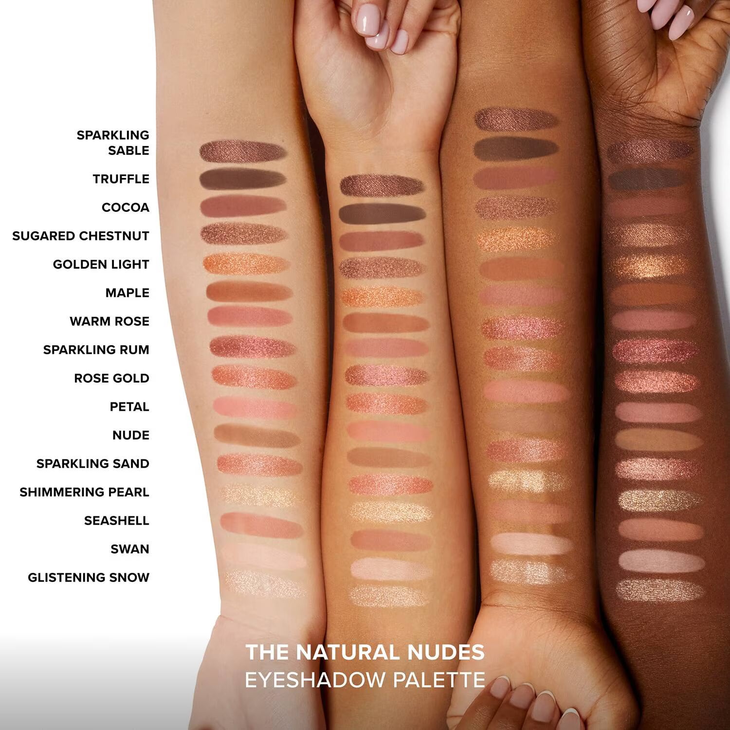 Eyeshadow swatches on a person's arm with color names listed