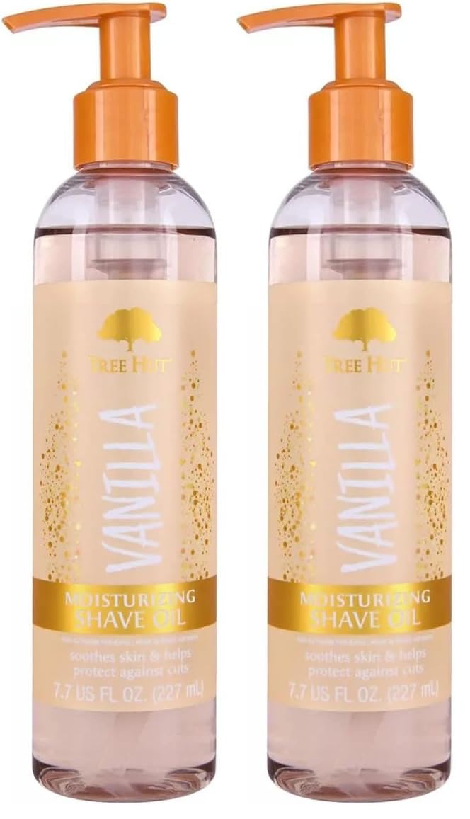 Two bottles of Vanilla moisturizing shave oil with pump dispensers on a white background.